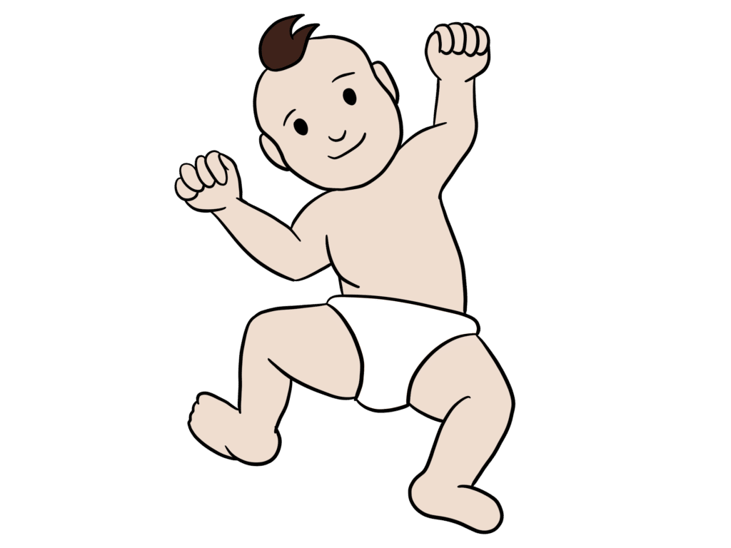 Ein Baby liegt auf dem Rücken und ist in der typischen Reflexposition des Spinalen Galant Reflexes zu sehen. Innere Unruhe ist eine häufige Folge.