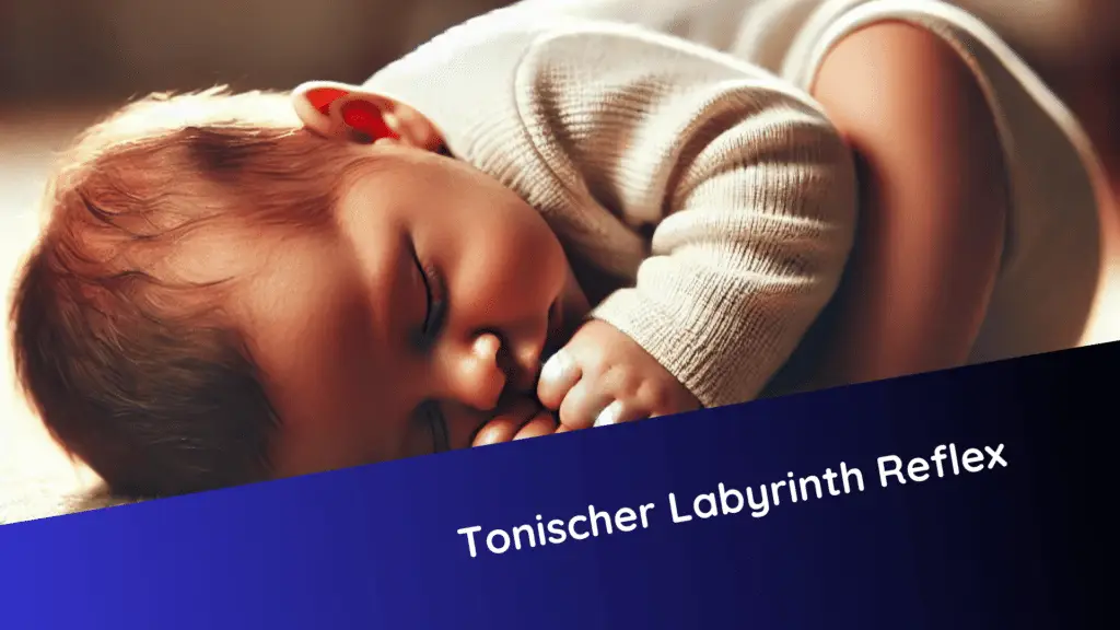 Ein Baby liegt in Bauchlage eingerollt auf einer weichen Unterlage. Kopf zur Brust geneigt, Arme und Beine gebeugt – typische Haltung beim TLR vorwärts.