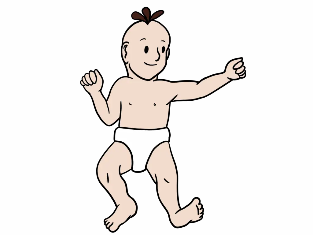 Illustration eines Babys in der typischen ATNR-Fechterstellung: Der Kopf ist zur linken Seite gedreht, der linke Arm ist gestreckt und der rechte Arm gebeugt. Das linke Bein ist gestreckt, das rechte gebeugt – das klassische Muster des Asymmetrisch Tonischen Nackenreflexes.
