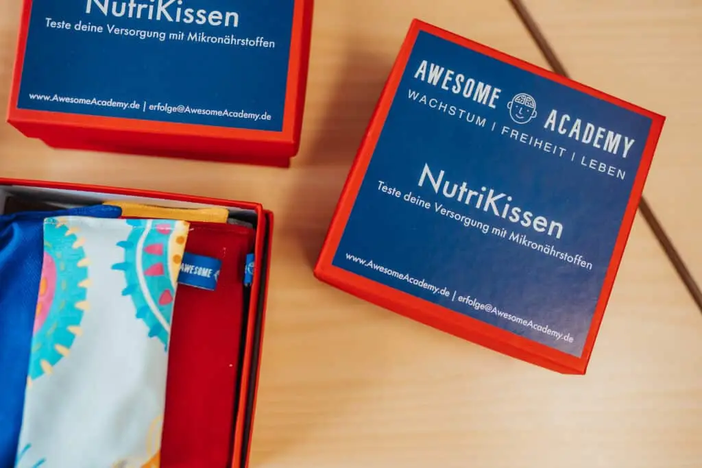 NutriKissen-Boxen der Awesome Academy zur Testung der Mikronährstoffversorgung – visuelle Darstellung bunter Testkissen zur Reflexintegration und Nährstoffbalance