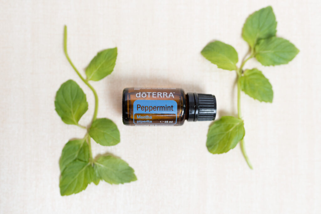 doTERRA Pfefferminzöl-Flasche mit frischen Minzblättern – naturreines ätherisches Öl zur Erfrischung, Förderung von Wachheit und Konzentration.