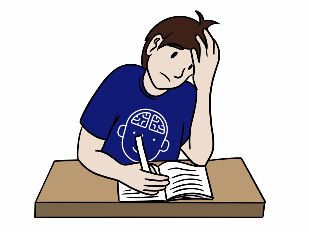 Illustration eines Jungen, der an einem Tisch sitzt, sich beim Schreiben den Kopf hält und erschöpft wirkt – Symbol für Konzentrationsschwierigkeiten in der Schule.