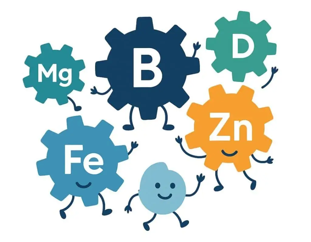 Illustration von Vitaminen und Spurenelementen als Zahnräder mit Gesichtern – Magnesium, Eisen, Zink, Vitamin B und D – Symbolbild für Mikronährstoffe als zentrale Funktionshelfer im menschlichen Körper