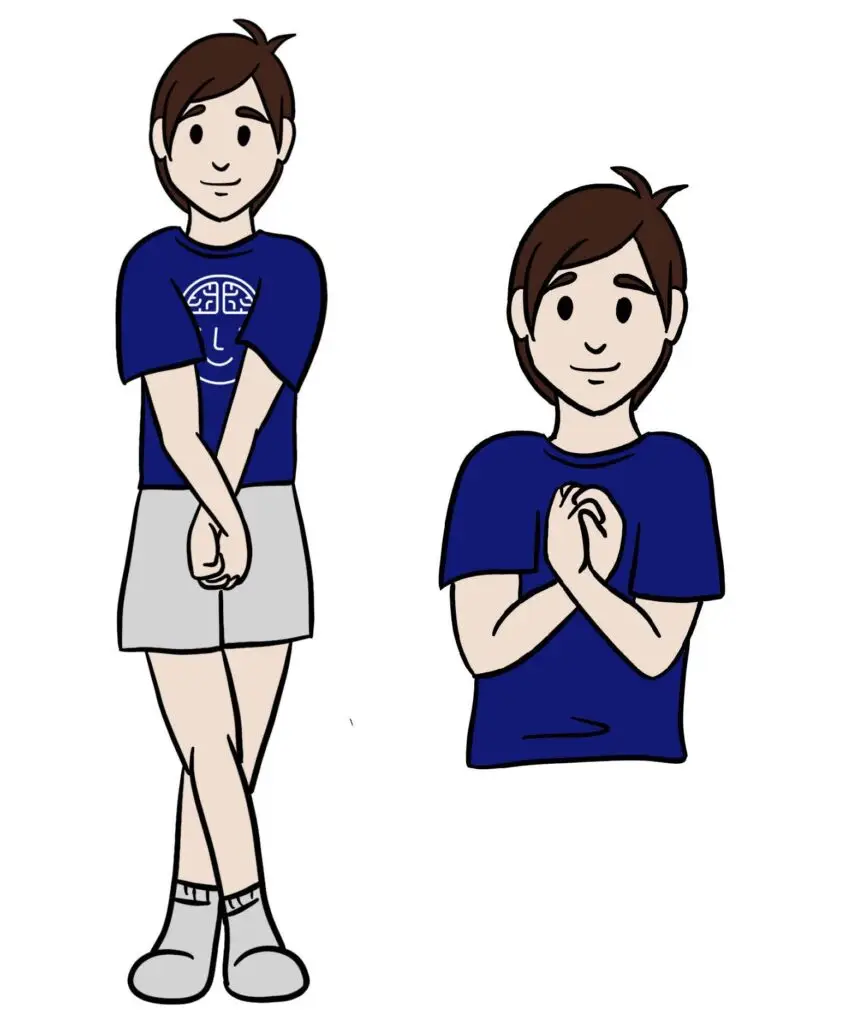 Reflexintegration in der Schule: 10 wirksame Übungen für mehr Fokus im Unterricht 1 Illustration der Hook-Up-Übung aus dem AAIM Reflexintegrationsprogramm der Awesome Academy: Kind steht mit überkreuzten Beinen und verschränkten Händen vor der Brust – eine wirksame Übung zur Stressregulation im Klassenzimmer.