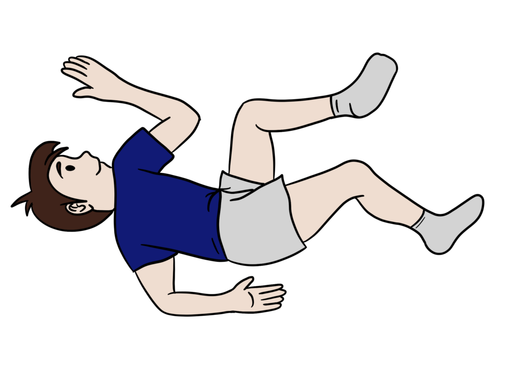 Reflexintegration in der Schule: 10 wirksame Übungen für mehr Fokus im Unterricht 2 llustration der Rotationslage aus dem AAIM Reflexintegrationsprogramm der Awesome Academy: Kind liegt in Seitenlage mit angewinkelten Beinen und ausgestrecktem Arm hinter dem Rücken – eine beruhigende Übung zur Regulation des Nervensystems.