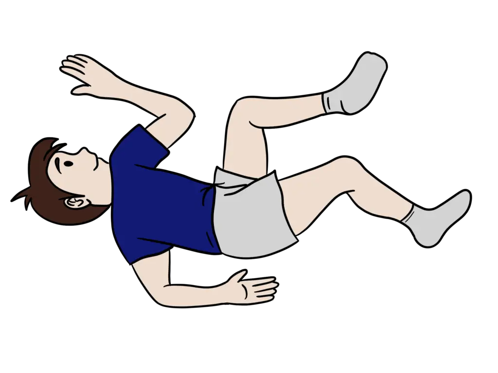 llustration der Rotationslage aus dem AAIM Reflexintegrationsprogramm der Awesome Academy: Kind liegt in Seitenlage mit angewinkelten Beinen und ausgestrecktem Arm hinter dem Rücken – eine beruhigende Übung zur Regulation des Nervensystems.