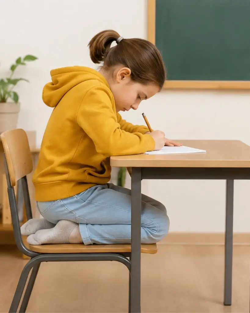 Kind sitzt im W-Sitz auf dem Stuhl, typische Kompensation bei aktivem STNR